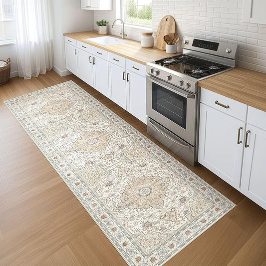 Runner Rug Kitchen Washable Rugs: 2x6 Non-Slip Boho Soft Vintage Stain Resistant Indoor Floor Neutral Farmhouse Throw Carpet for Hallway Bathroom Laundry Room Entryway Bedroom- Cream