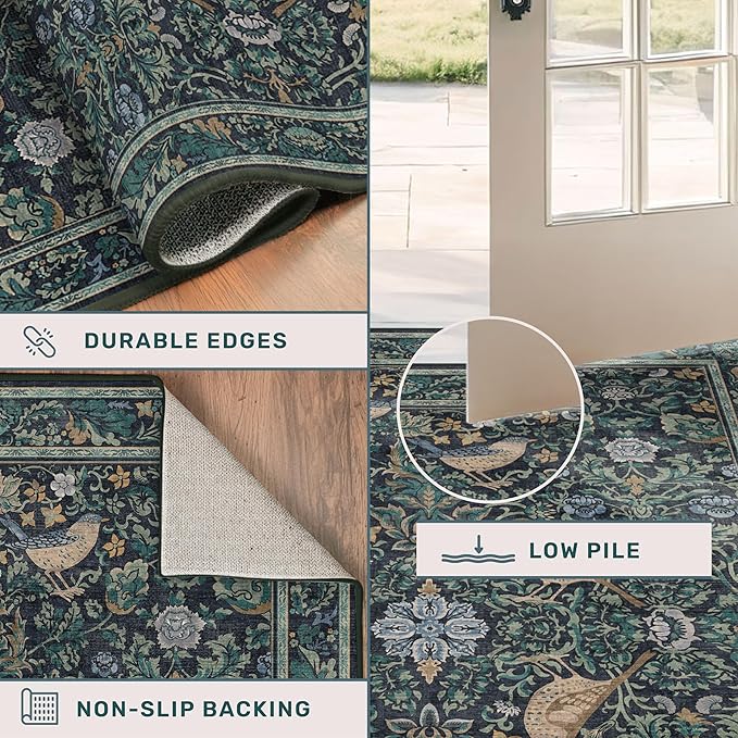 Botanical Bird 2x6 Entryway Rugs Indoor, Machine Washable Runner Rugs for Hallway, Blue and Teal Non Slip Mat for Bathroom, Bedroom Beside Bed, Kitchen, Stain Resistant Forest Green Décor