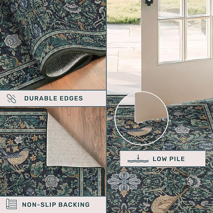 Botanical Bird 2x6 Entryway Rugs Indoor, Machine Washable Runner Rugs for Hallway, Blue and Teal Non Slip Mat for Bathroom, Bedroom Beside Bed, Kitchen, Stain Resistant Forest Green Décor