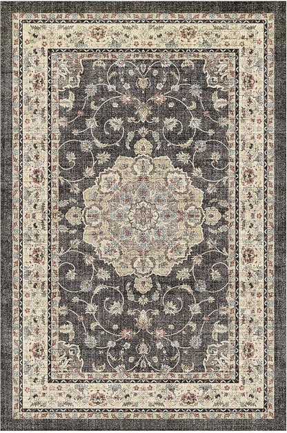 HUGEAR Entryway Machine Washable Area Rugs 2x3 Vintage Black Small Neutral Style Non Slip Stain Resistant Low Pile Throw Carpet for Hallway Kitchen Retro Aesthetic Modern Decor