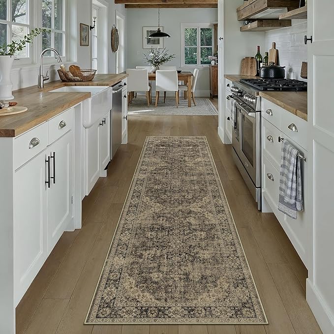 HUGEAR 2x8 Runner Rug Hallway Machine Washable Retro Brown Vintage Floral Low Pile Carpet Distressed Long Throw Rug Bedroom Office Bathroom Kitchen Laundry Non Slip Soft Lightweight
