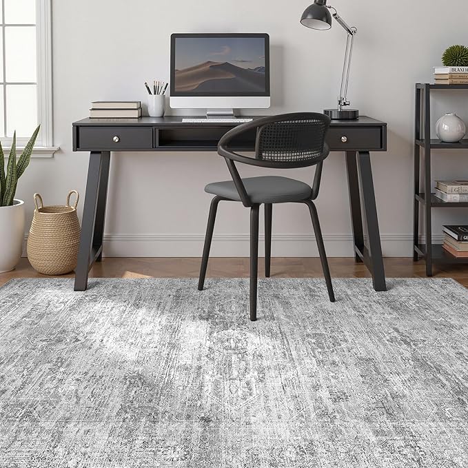 Grey Rug 9x12 Area Rug: Washable Boho Large Vintage Neutral Soft Rugs Stain Resistant Farmhouse Non-Slip Indoor Floor Carpet for Living Room Bedroom Playroom Office Dining Room Apartment Dorm
