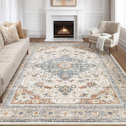 8x12 Area Rugs Living Room: Washable Boho Large Neutral Vintage Soft Rug Stain Resistant Distressed Farmhouse Non-Slip Indoor Floor Carpet for Bedroom Nursery Kids Office Dining Room- Beige Blue