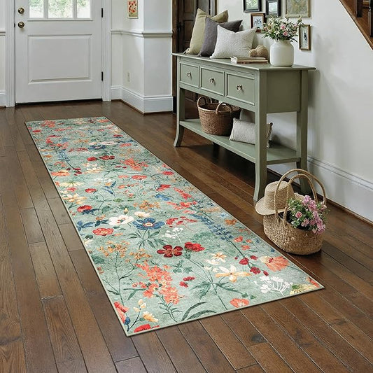 Floral Runner Rug 2x7 Washable Hallway Long Green Bedroom Carpet Non Slip Indoor Boho Kitchen Low Pile Accent Rug Lightweight Soft for Bathroom Dining Laundry Living Room