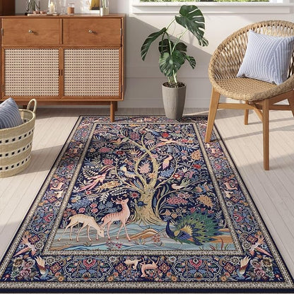 Rugcomf Area Rugs 4x6 Vibrant Tree of Life-Patterned Vintage Washable Rugs Non Slip Low Pile Small Carpet for Bedroom Bedside Kids Room Office Dining Room, Blue