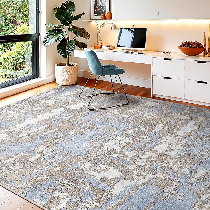 WITSHOCK Living Room Area Rugs 6x9: Abstract Rugs Machine Washable for Bedroom Carpet Resistant Non-Slip Carpet Large Indoor Floor for Dining Room Farmhouse Nursery Blue Brown