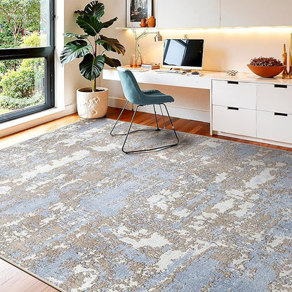 WITSHOCK Living Room Area Rugs 6x9: Abstract Rugs Machine Washable for Bedroom Carpet Resistant Non-Slip Carpet Large Indoor Floor for Dining Room Farmhouse Nursery Blue Brown