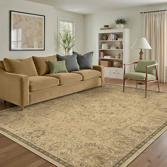 HUGEAR 5x7 Machine Washable Area Rugs Vintage Brown - Neutral Living Room Bedroom Rug Non Slip Stain Resistant Low Pile Aesthetic Throw Carpet Kids & Pet Friendly