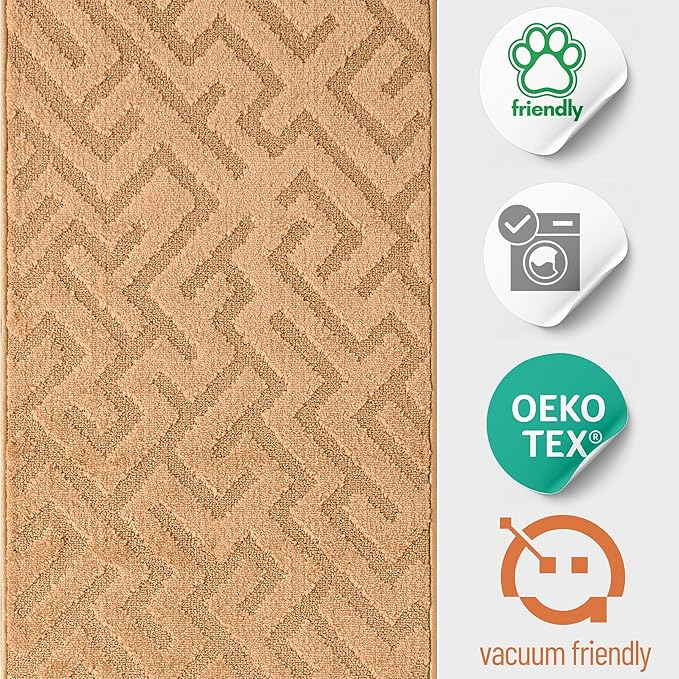 10ft Custom Cut Runner Rug for Narrow Hallways Kitchens - Gold Tan | Non-Slip | Washable & Edge Bound