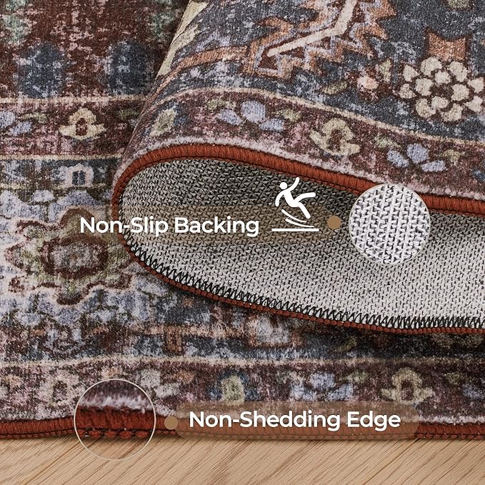 Kokia 6x9 Washable Area Rugs Maroon with Vintage Orient Design, Soft Rug for Living Room or Bedroom, Non-Slip Low Pile Stain Resistance Features, Distressed Medallion Pattern