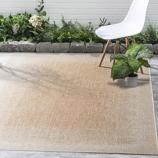 FH Home Outdoor Area Rug - Waterproof Easy to Clean Stain Resistant - Patio Indoor Outdoor Porch Deck Balcony Entryway - Ombre Modern - Dhruva - Beige - 7ft 8in x 9ft 8in