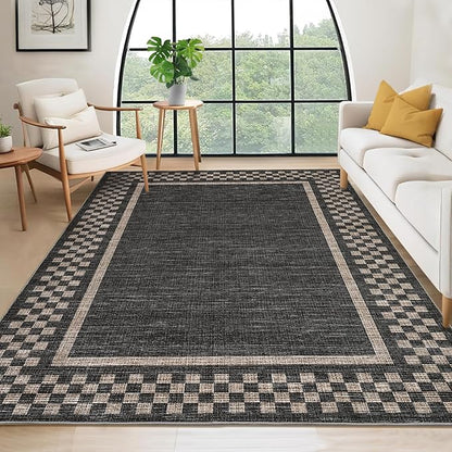 GarveeHome Area Rug 10x13 Living Room Rug Modern Bordered Soft Large Area Rugs for Bedroom Washable Checkered Dining Room Throw Carpet Non Slip Stain Resistant Geometric Rugs for Home Office, Black