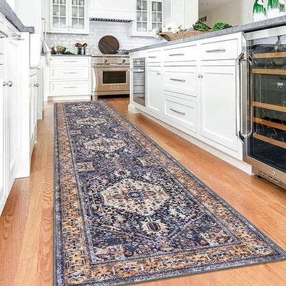 KOZYFLY Runners for Hallways 2.6x12 Ft Extra Long Washable Kitchen Boho Runner Rug for Entryway Indoor Gold Navy Printed Faux Wool Stair Runner Floor Carpet Runner for Stair Kitchen Hall