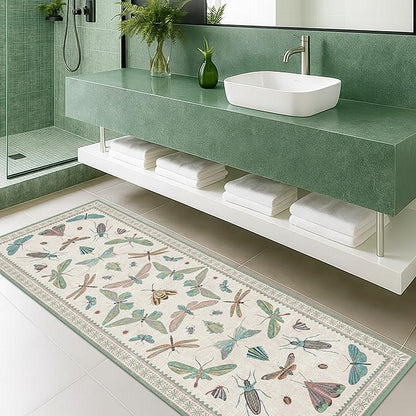 Washable Non Slip Bathroom Runner Rug 2x5, Insect Boho Bath Mat, Stain Resistant Low Pile Butterfly Insect Print Rugs for Laundry Room, Powder Room, Beige Green