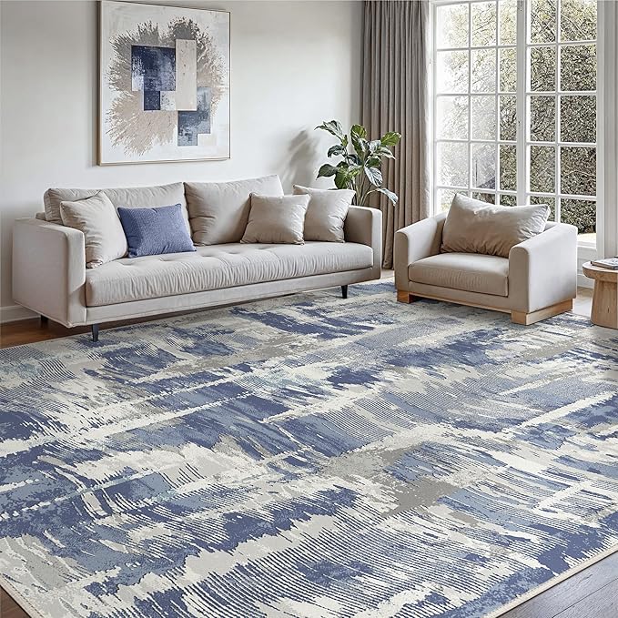 Washable Rug 8x10 Area Rug for Living Room Bedroom, Large Modern Abstract Rug Indoor Floor Carpets Low Pile No Shed Non-Slip with Rubber Backing Dining Room Kitchen Office (Blue, 8'x10')