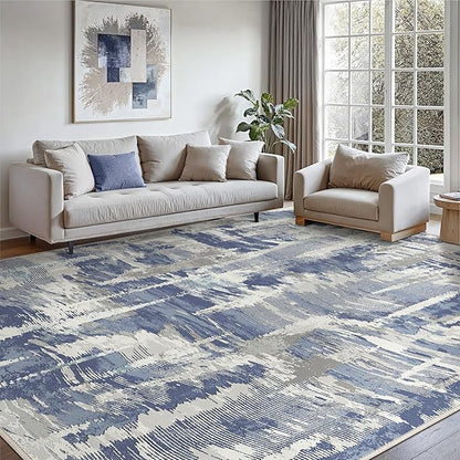 Washable Rug 8x10 Area Rug for Living Room Bedroom, Large Modern Abstract Rug Indoor Floor Carpets Low Pile No Shed Non-Slip with Rubber Backing Dining Room Kitchen Office (Blue, 8'x10')