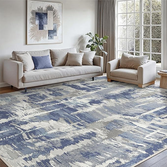 Washable Rug 8x10 Area Rug for Living Room Bedroom, Large Modern Abstract Rug Indoor Floor Carpets Low Pile No Shed Non-Slip with Rubber Backing Dining Room Kitchen Office (Blue, 8'x10')