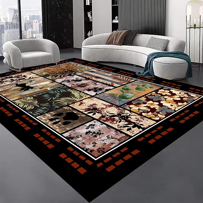Rustic Cabin Area Rug 6x9ft, Animal & Moroccan Plaid Pattern Vintage Boho Carpet, Stain-Resistant Pet-Friendly & Non-Slip Low Pile for Living Room, Bedroom, Dining Room