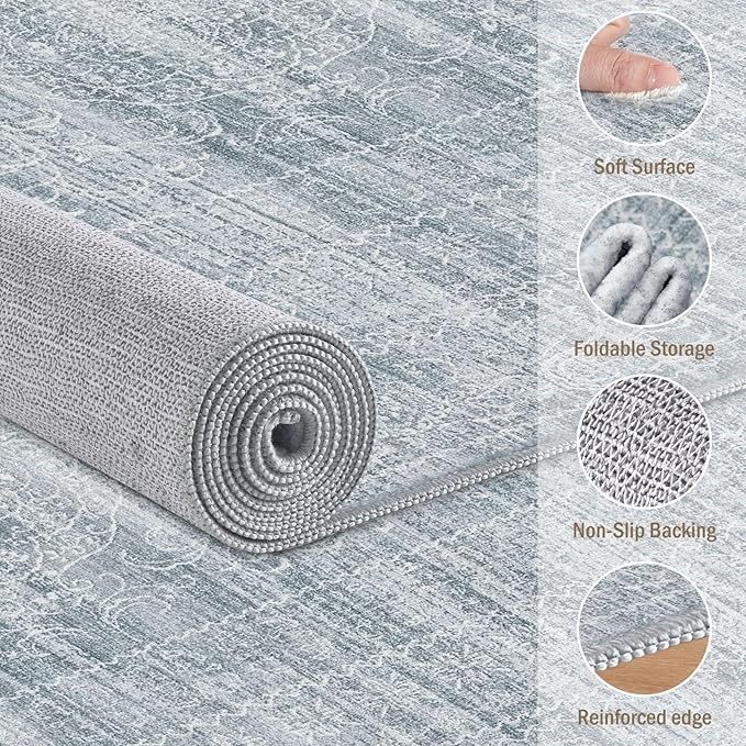6x9 Area Rugs Living Room: Washable Large Vintage Blue Rug Neutral Non-Slip Soft Stain Resistant Indoor Carpet for Bedroom Nursery Dining Room Under Table Bed Home House Office Playroom