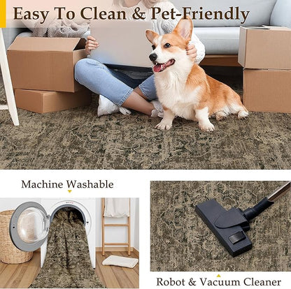 5x7 Washable Area Rug Brown Vintage Distressed Rug for Office Oriental Soft Thin Indoor Retro Carpet Non Slip Low Pile Floor Cover for Living Ding Room Bedroom Laundry Dorm