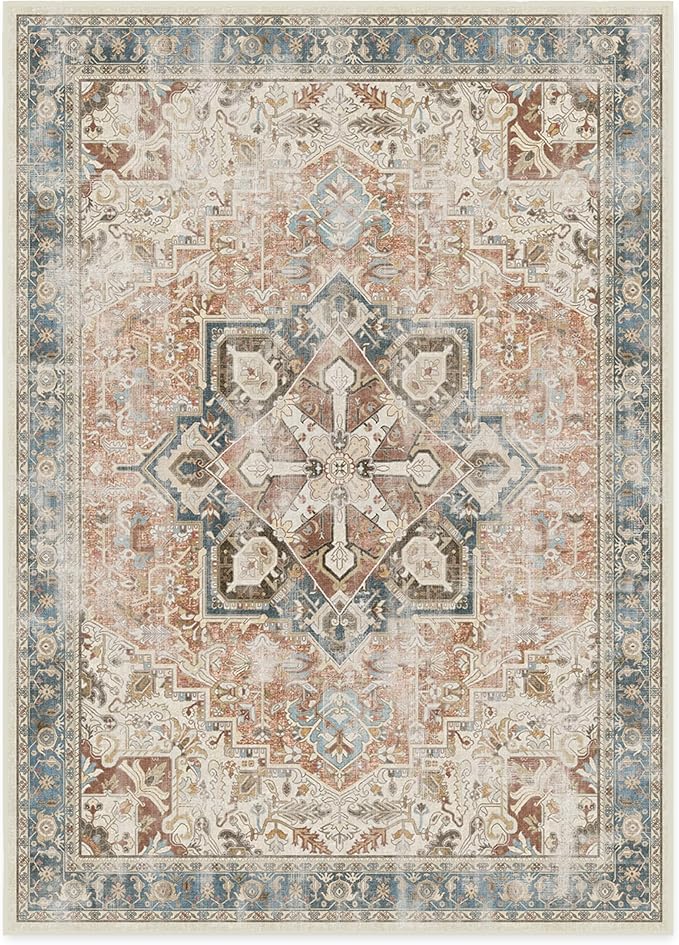 RUGGABLE Washable Vintage Area Rug – Kamran Coral 10x14, Stain-Resistant, Non-Slip – Large Machine Washable Rugs for Living Room, Bedroom, Hallway, Entryway & Office–with Cushioned Pad