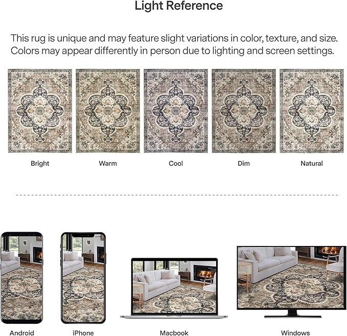 ReaLife Rugs Machine Washable Area Rug - Living Room Bedroom Bathroom Kitchen Entryway Office - Non Slip Low Pile Stain Resistant Premium - Boho Farmhouse Vintage - Joy - Brown Beige 4' Round
