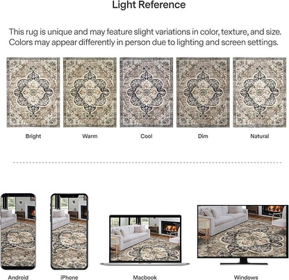 ReaLife Rugs Machine Washable Area Rug - Living Room Bedroom Bathroom Kitchen Entryway Office - Padded Low Pile Stain Resistant Premium - Boho Farmhouse Vintage - Joy - Brown Beige 7'6" x 9'6"