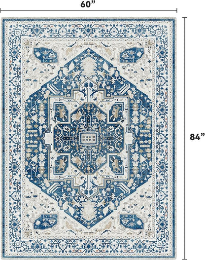 EnHomee 5x7 Area Rugs Washable for Bedroom, Boho Vintage Rugs, Foldable Area Rug for Dining Room, Non-Slip Soft Living Room Rug, Low Pile Large Carpet for Bathroom, Colorful Print, Blue and White