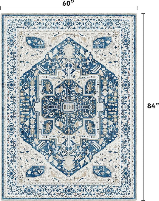 EnHomee 5x7 Area Rugs Washable for Bedroom, Boho Vintage Rugs, Foldable Area Rug for Dining Room, Non-Slip Soft Living Room Rug, Low Pile Large Carpet for Bathroom, Colorful Print, Blue and White
