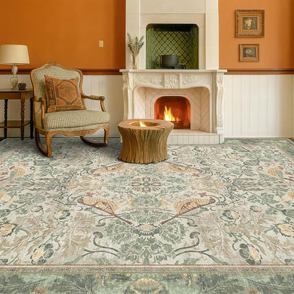 Washable Living Room Rug 7x9 - Sage Floral Nature Rugs for Bedroom, Dining Room Kitchen Table Rug for Under Table, Office, Stain Resistant Non-Slip Large - Sage Green/Beige