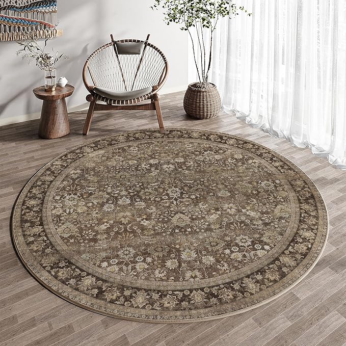HUGEAR Round Rug 6ft Entryway Rugs Machine Washable Brown Hallway Area Rug 6x6 Large Circle Accent Rug Floral Low Pile Carpet Soft Throw Rug Living Room Office Laundry Room Entrance Non Slip
