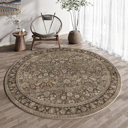 HUGEAR Round Rug 4ft Entryway Rugs Machine Washable Brown Hallway Area Rug 4x4 Small Circle Accent Rug Floral Low Pile Carpet Soft Throw Rug Living Room Office Laundry Room Entrance Non Slip