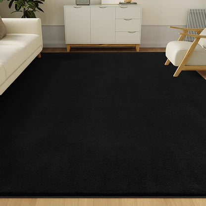 Solid Washable Area Rug - 3x5 Medium Pile Faux Cashmere Carpet for Living Room Bedroom, Black