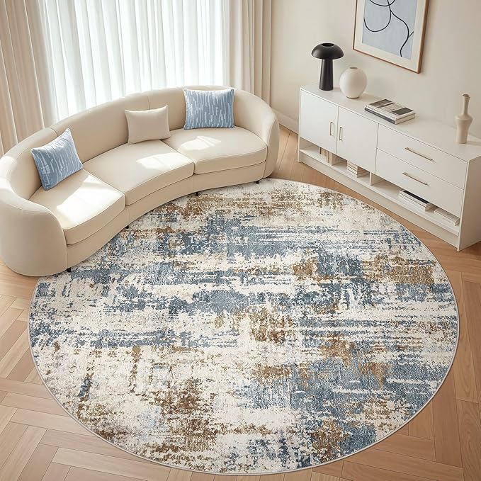 Round Rug Living Room Rugs: 8Ft Washable Circle Large Abstract Modern Soft Stain Resistant Non Slip Indoor Floor Carpet for Bedroom Nursery Office Dining Room Dorm Home House Decor- Tan Blue