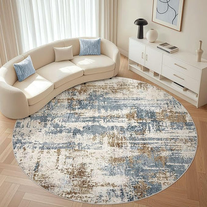 Round Rug Living Room Rugs: 8Ft Washable Circle Large Abstract Modern Soft Stain Resistant Non Slip Indoor Floor Carpet for Bedroom Nursery Office Dining Room Dorm Home House Decor- Tan Blue