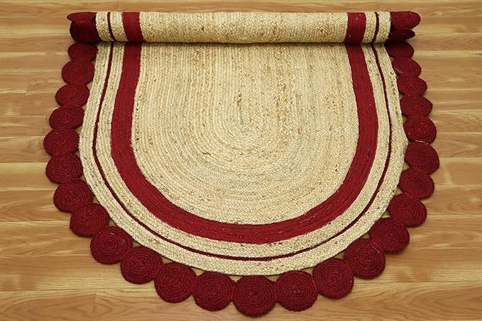 2.6x4 Oval Jute Runner – Handmade Boho Flatweave Kilim Rug, Solid Red Beige, 0.27" Thick, Hand Braided Natural Jute Carpet for Indoor Outdoor Kitchen, Entryway