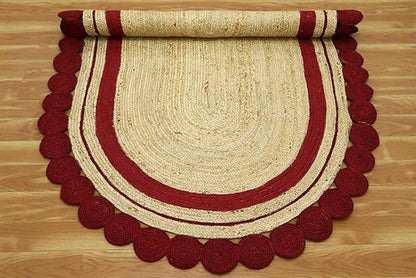 7x10 Kilim Oval Rug – Natural Jute Oval Carpet, 0.27" Thick Flatweave, Hand Braided Solid Red Beige Rug, Handmade Boho Style for Bedroom, Living Room, Dining Area