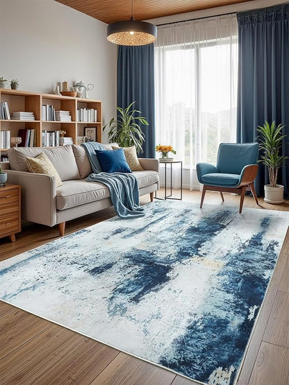 Washable Abstract Rug, 7x10 Modern Area Rugs with Non-Slip Rubber Backed for Living Room, Thin but Soft Contemporary Carpet Kitchen Bedroom Dining Room Decor, Blue White