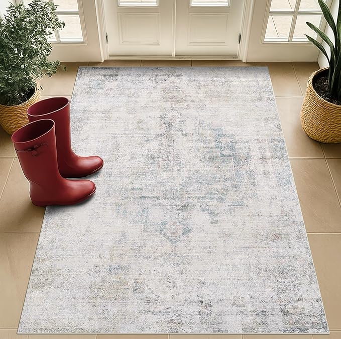Washable Light Blue Rugs for Entryway Indoor - 3x5 Throw Rug for Large Kitchen, Bedroom Bedside, Bathroom, Mudroom, Mordern Abstract Medallion Aqua Décor, Non Slip Low Pile Fade Resistant
