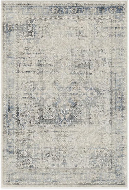 RUGGABLE Washable Vintage Area Rug – Kamran Blue Quartz 6x9, Stain-Resistant, Non-Slip – Medium Machine Washable Rugs for Living Room, Bedroom, Hallway, Entryway & Office–with Standard Pad
