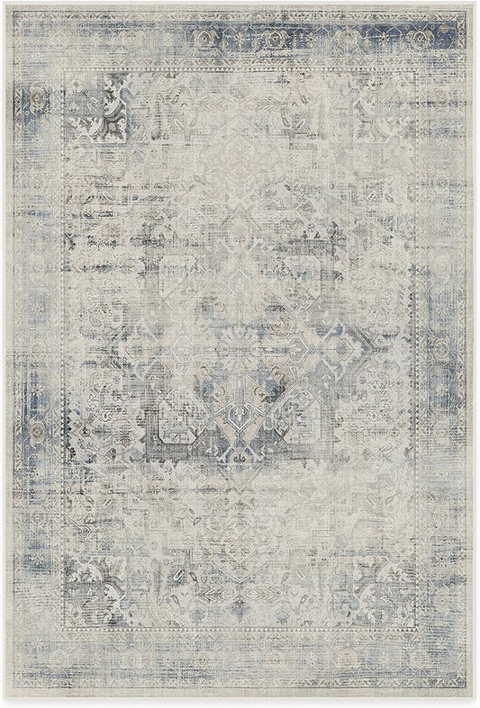 RUGGABLE Washable Vintage Area Rug – Kamran Blue Quartz 6x9, Stain-Resistant, Non-Slip – Medium Machine Washable Rugs for Living Room, Bedroom, Hallway, Entryway & Office–with Standard Pad