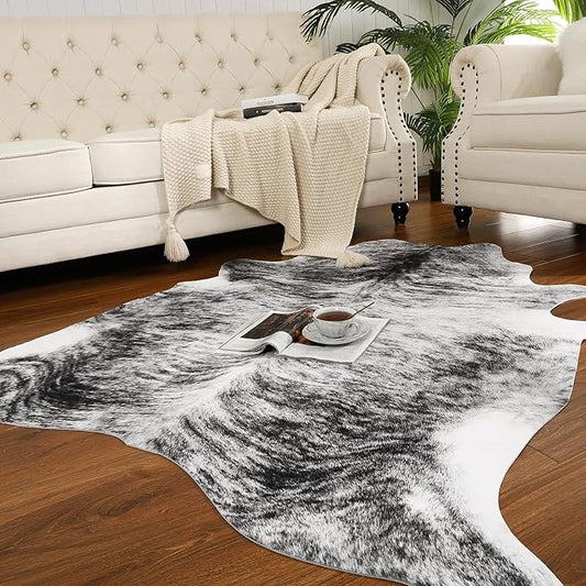 AROGAN 8×10 Feet Western Decor Faux Fur Cowhide Rug, Premium Animal Skin Cow Hide Rug, Sturdy Cow Print Rugs for Wall Decor, Western Floor Carpet for Bedroom Living Room, Black and Grey