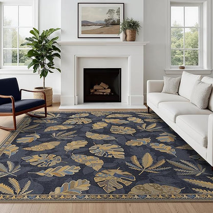 GENIMO 8x10 Area Rugs for Living Room, Machine Washable Non Slip Vintage Retro Rugs, Low Pile Soft Chenille Print Rug for Bedroom, Dining Room, Home Office, Leafy Twilight