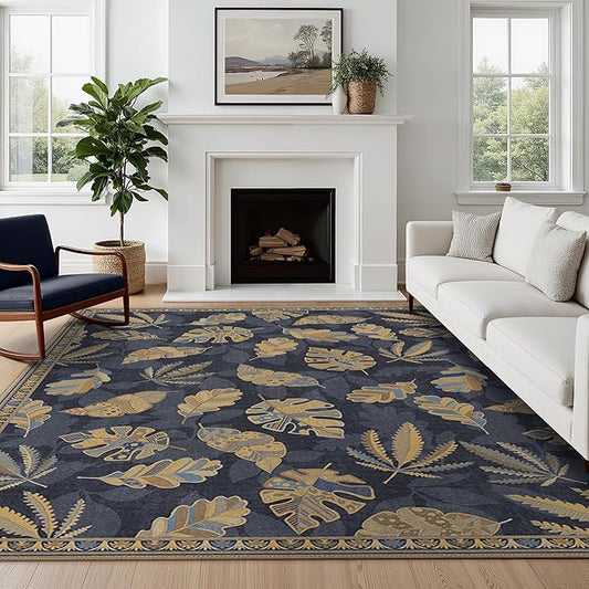 GENIMO 8x10 Area Rugs for Living Room, Machine Washable Non Slip Vintage Retro Rugs, Low Pile Soft Chenille Print Rug for Bedroom, Dining Room, Home Office, Leafy Twilight