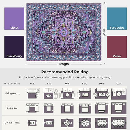 Kokia 9x12 Washable Area Rugs Violet Purple with Vintage Orient Design, Soft Rug for Living Room or Bedroom, Non-Slip Low Pile Stain Resistance Features, Distressed Medallion Pattern