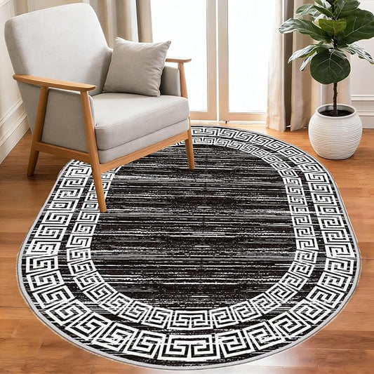 Minimalist Distressed Black Off White Greek Key Pattern Bordered Rug 4x6 for Liivng Room Bedroom Dining Room Soft Non Skid Washable Large Rugs Nursery Dorm Kitchen Rustic Classic Indoor Oval Carpet