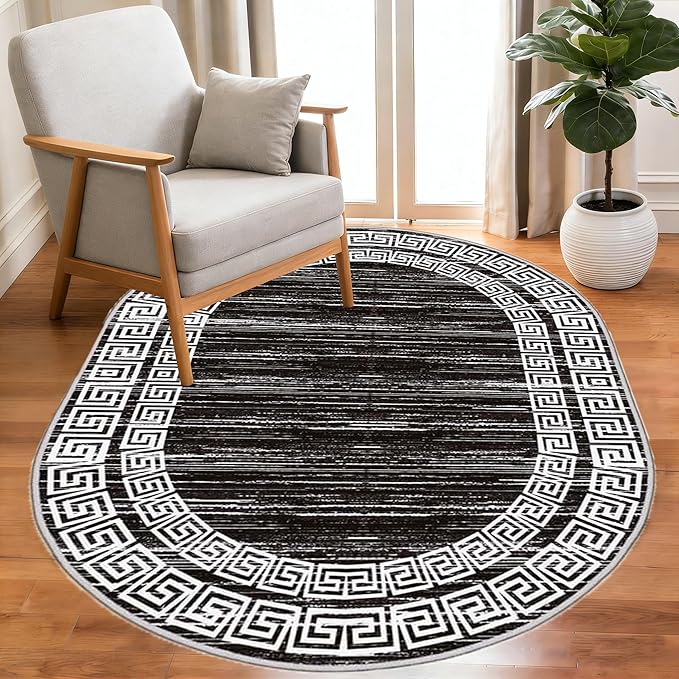 Minimalist Distressed Black Off White Greek Key Pattern Bordered Rug 8x10 for Liivng Room Bedroom Dining Room Soft Non Skid Washable Large Rugs Nursery Dorm Kitchen Rustic Classic Indoor Oval Carpet