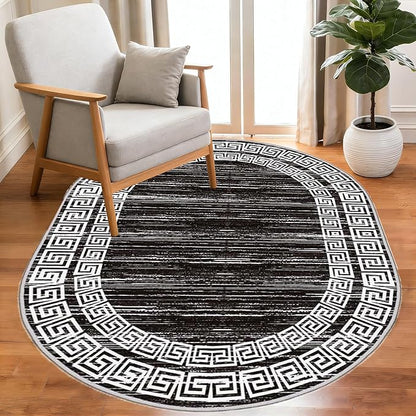 Minimalist Distressed Black Off White Greek Key Pattern Bordered Rug 7x9 for Liivng Room Bedroom Dining Room Soft Non Skid Washable Large Rugs Nursery Dorm Kitchen Rustic Classic Indoor Oval Carpet