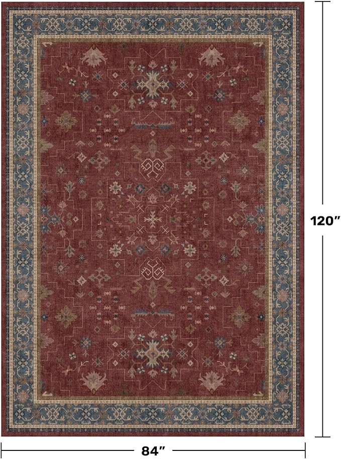 Oriental 7x10 Large Area Rugs for Bedroom Under Bed - Burgundy Rug for Living Room, Dining Room Under Kitchen Table, Washable Soft Non Slip Boho Indoor Décor