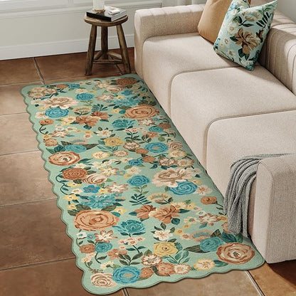 Washable Floral Runner Rug 2x5 Green Hallway Carpet Scalloped Flower Non Slip Soft Long Kitchen Runner Farmhouse Low Pile Thin Indoor Floor Cover for Bathroom Bedroom Laundry Room Entryway